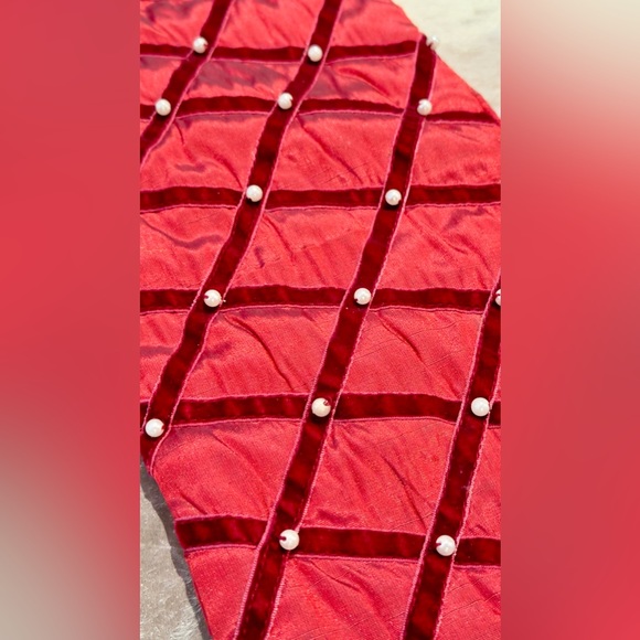 Burgundy Red Velvet & Pearl CrissCross Embroidered Christmas Stocking Maximalist - Picture 3 of 10